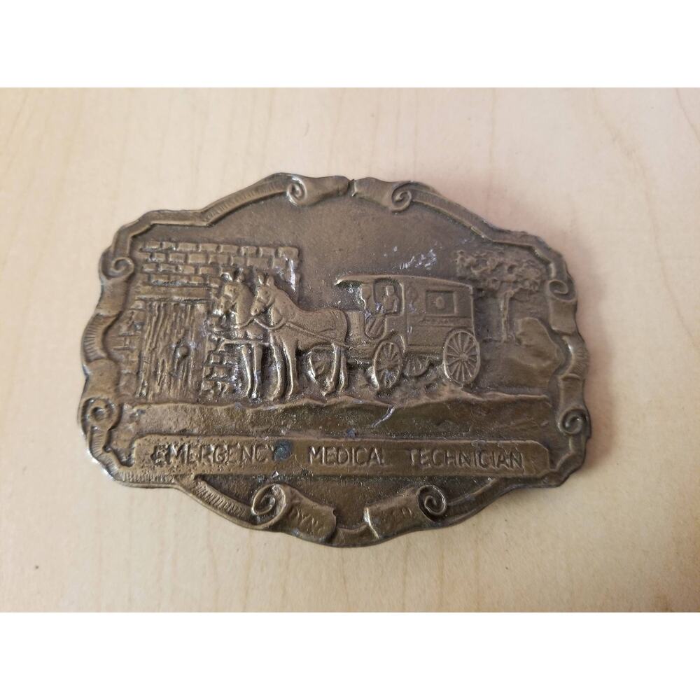 Vintage 1970 EMT Emergency Medical Technician Horse-Drawn Ambulance Brass Buckle
